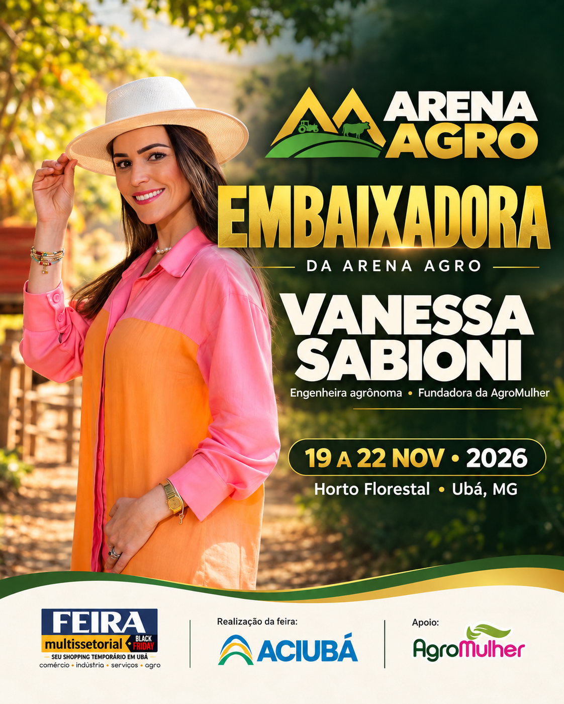 Banner de Vanessa Sabioni, embaixadora da Arena Agro, engenheira agrônoma e fundadora da AgroMulher. Feira de 19 a 22 de novembro de 2026, no Horto Florestal de Ubá.