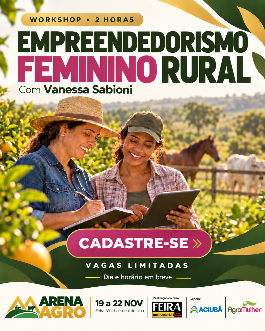 Banner do workshop Empreendedorismo Feminino Rural com Vanessa Sabioni